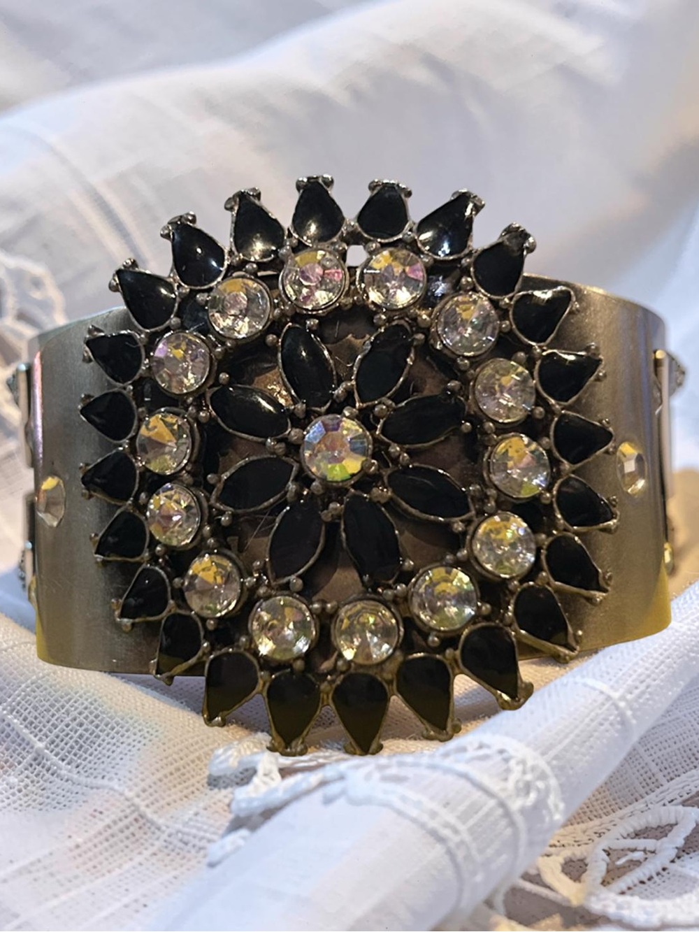 Statement Black and Crystal Flower Cuff Bracelet
